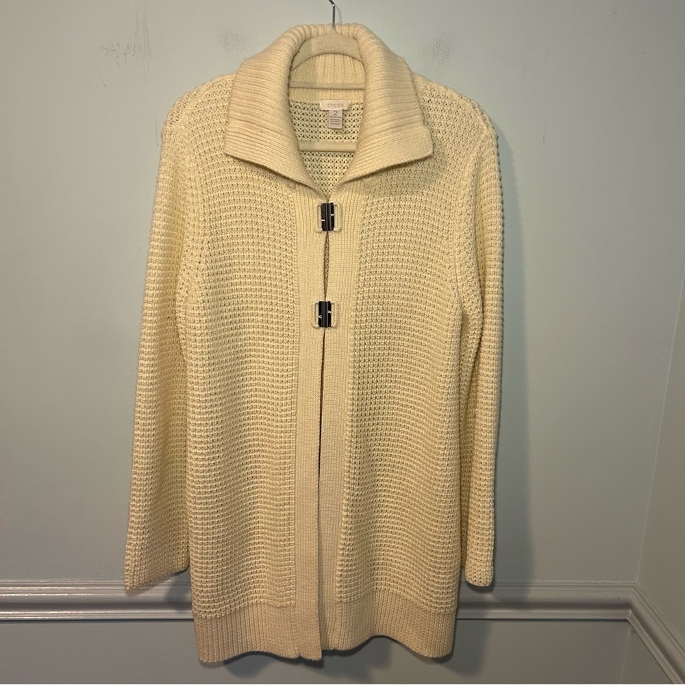 Chicos Ivory Cream Wool Blend Chunky Knit Mong Sleeve Cardigan Sweater Size 12
